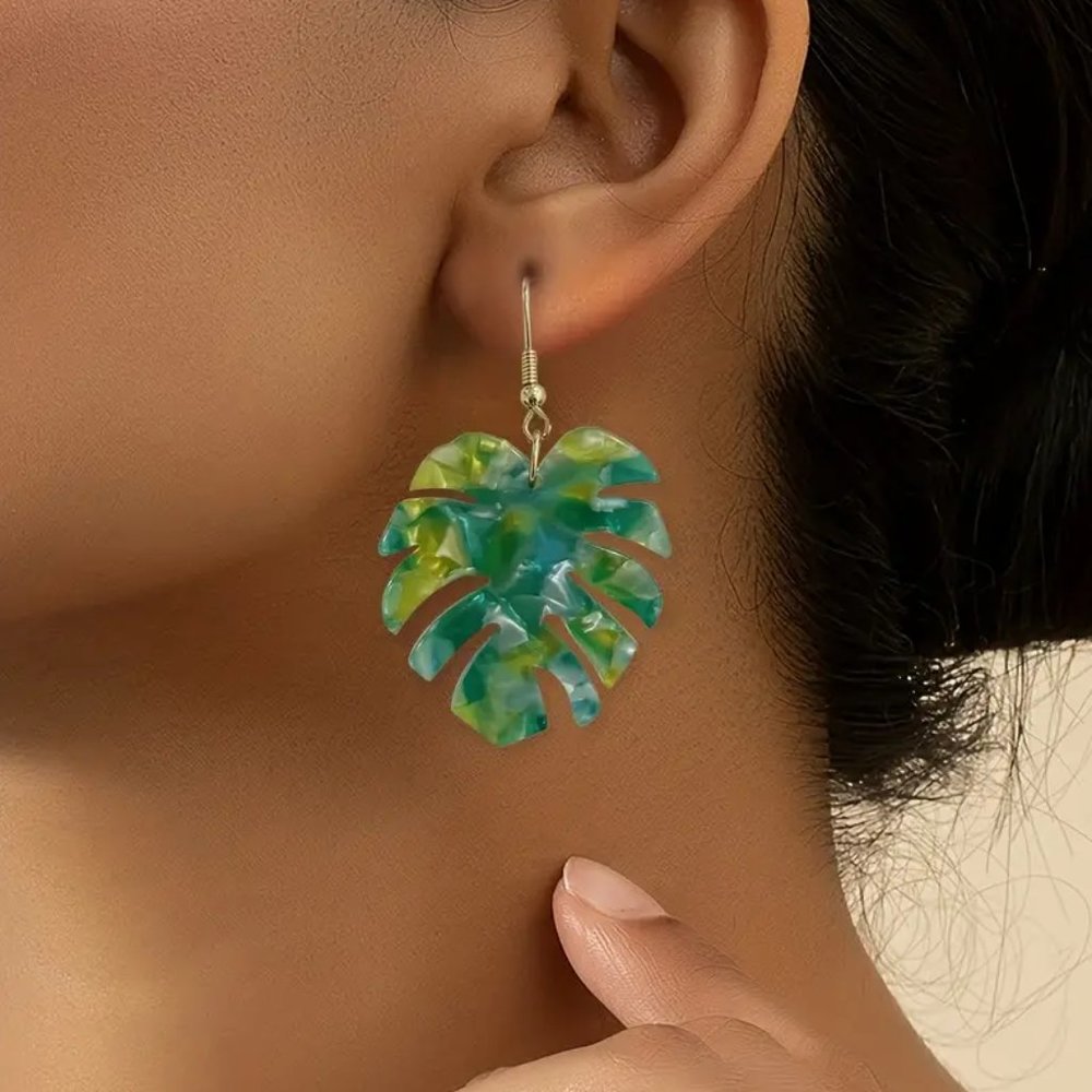 Green & Yellow Acetate Acrylic Monstera Leaf Tropical Palm Frond Dangle Earrings - Picture 6 of 6